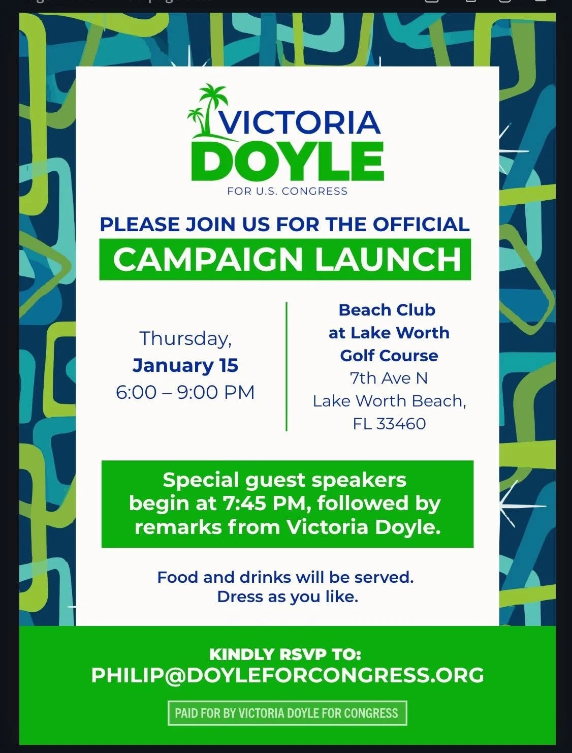 Victoria Doyle For Congress Campaign launch Party flyer