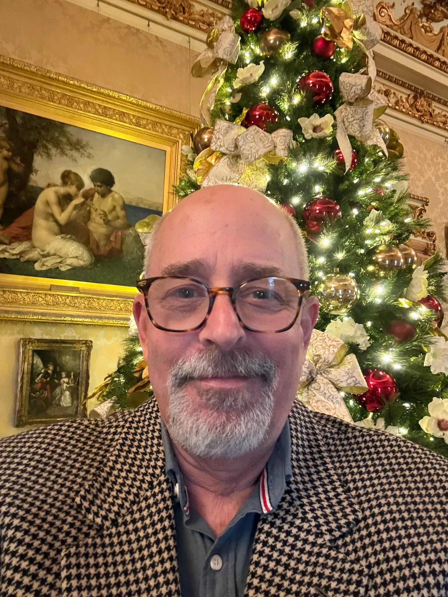 A man with glasses, a gray beard, and a checkered jacket taking a selfie in front of a lit Christmas tree decorated with gold and red ornaments and ribbons, with framed artwork on a decorative wall in the background.