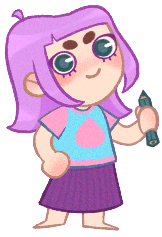 Cartoon girl with purple hair, large green eyes and blush wearing a pink and blue shirt and purple skirt, holding a crayon.