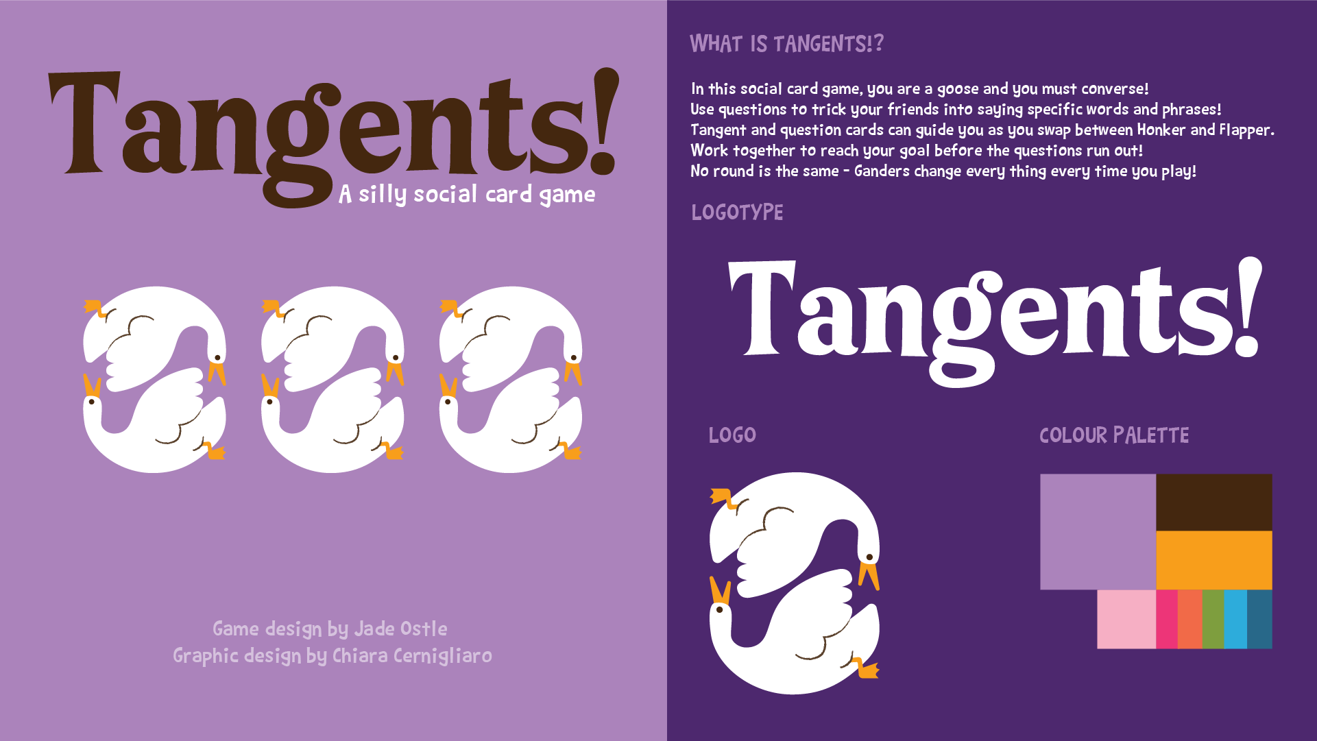 Image of a social card game called 'Tangles!' featuring a purple background, white illustration of swans, and text describing the game rules and design elements.