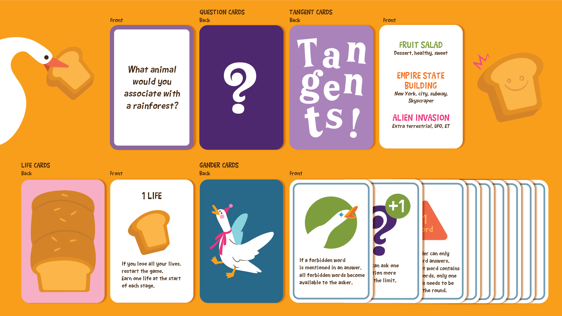 A colorful game board with various question, tangent, life, and gander cards. The top has question cards asking 'What animal would you associate with a rainforest?' and tangent cards spelling 'Tangents!'. The bottom features life cards, including a c