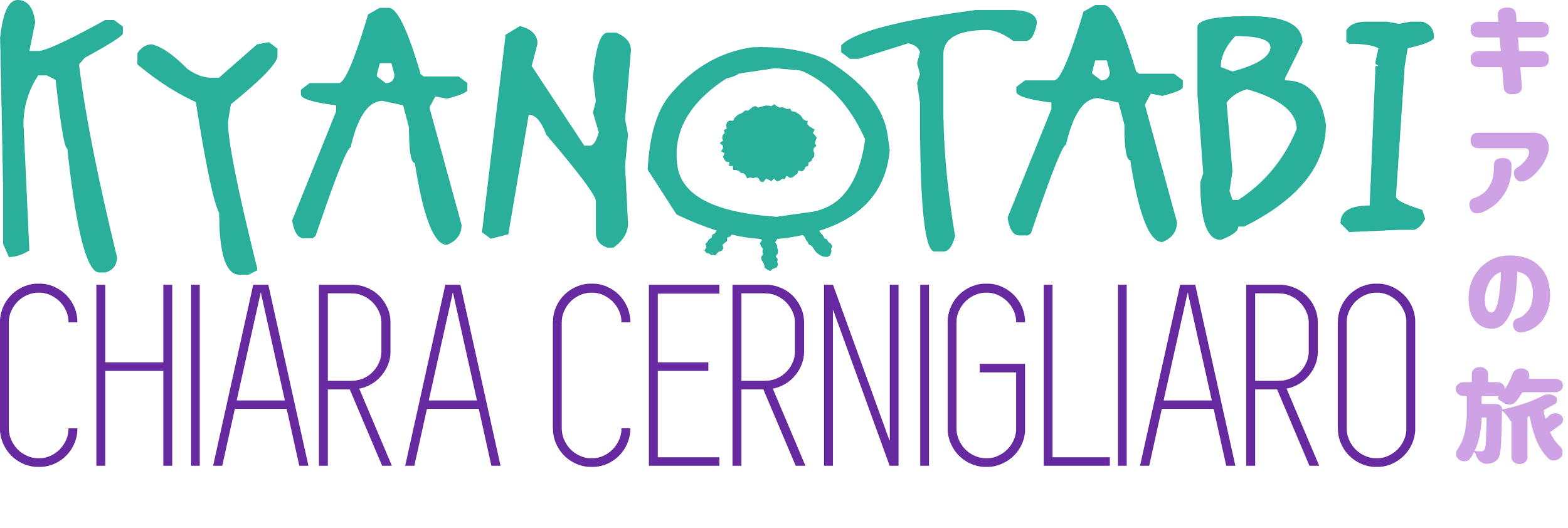 Colorful logo with the words kya no tabi, from Japanese キアの旅, and Chiara Cernigliaro, an illustrator, game artist, visual development artist, character designer and graphic designer