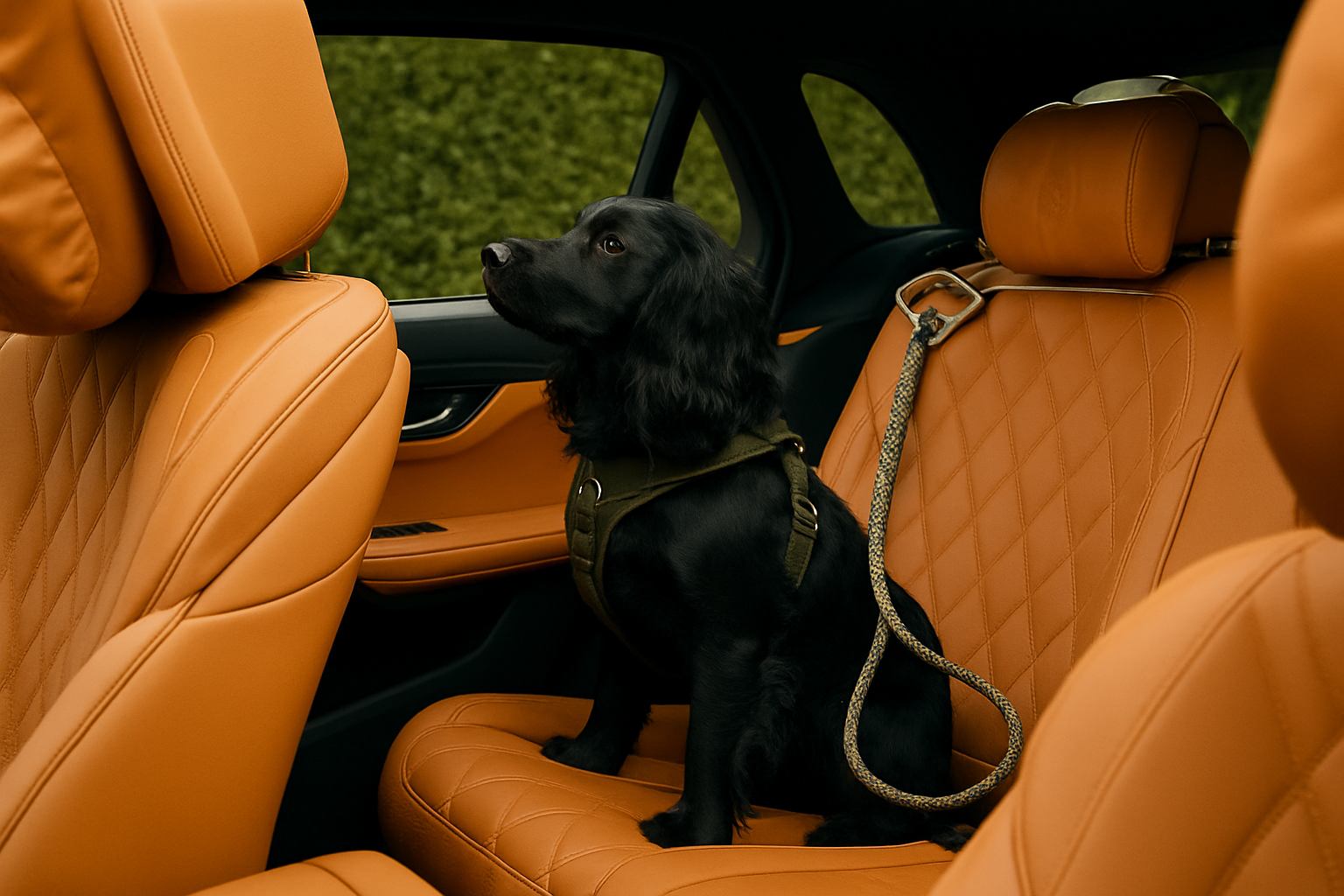 A black dog sitting on a tan leather car seat with a leash attached inside a vehicle with tan leather seats and a view of greenery outside.