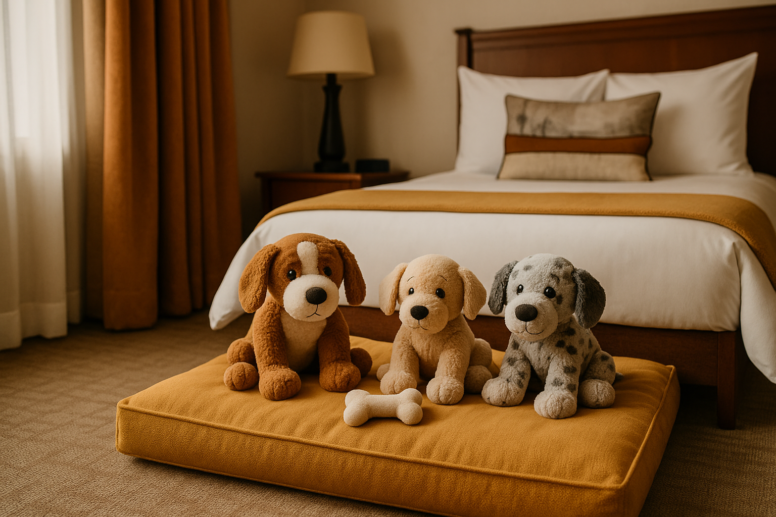 Three plush dog toys sitting on a yellow cushion in front of a bed in a hotel room.