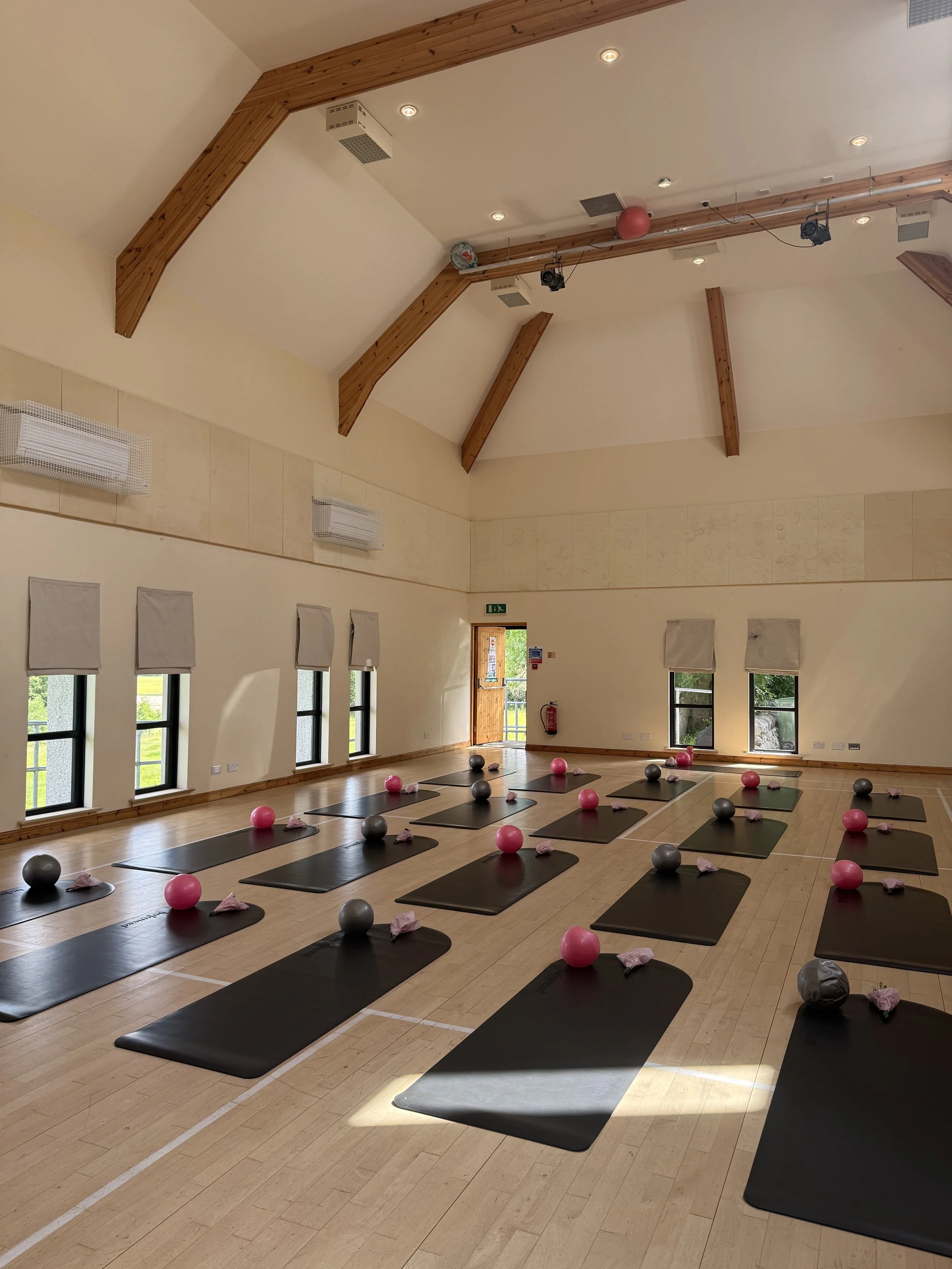 A bright and airy hall with black yoga mats set up in rows, each with a pink and grey exercise balls, spaced out on a wooden floor.