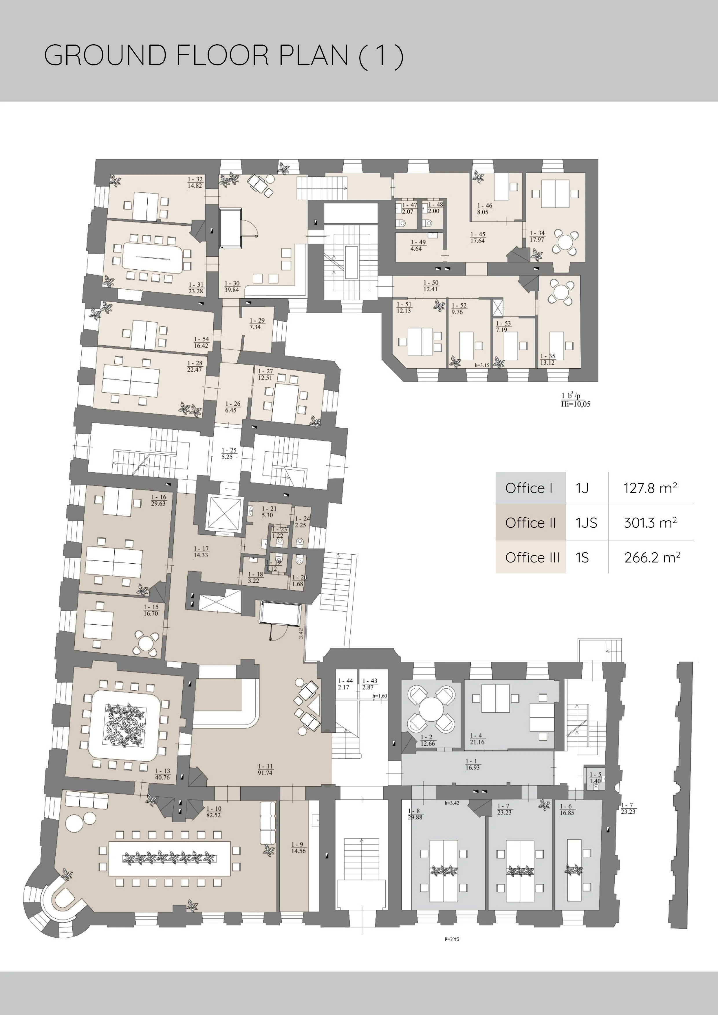 Biurų pastato planas, kuriame pavaizduotos įvairios patalpos, kabinetai ir susitikimų erdvės su pažymėtais matmenimis bei žymėjimais Biuras I, II arba III.