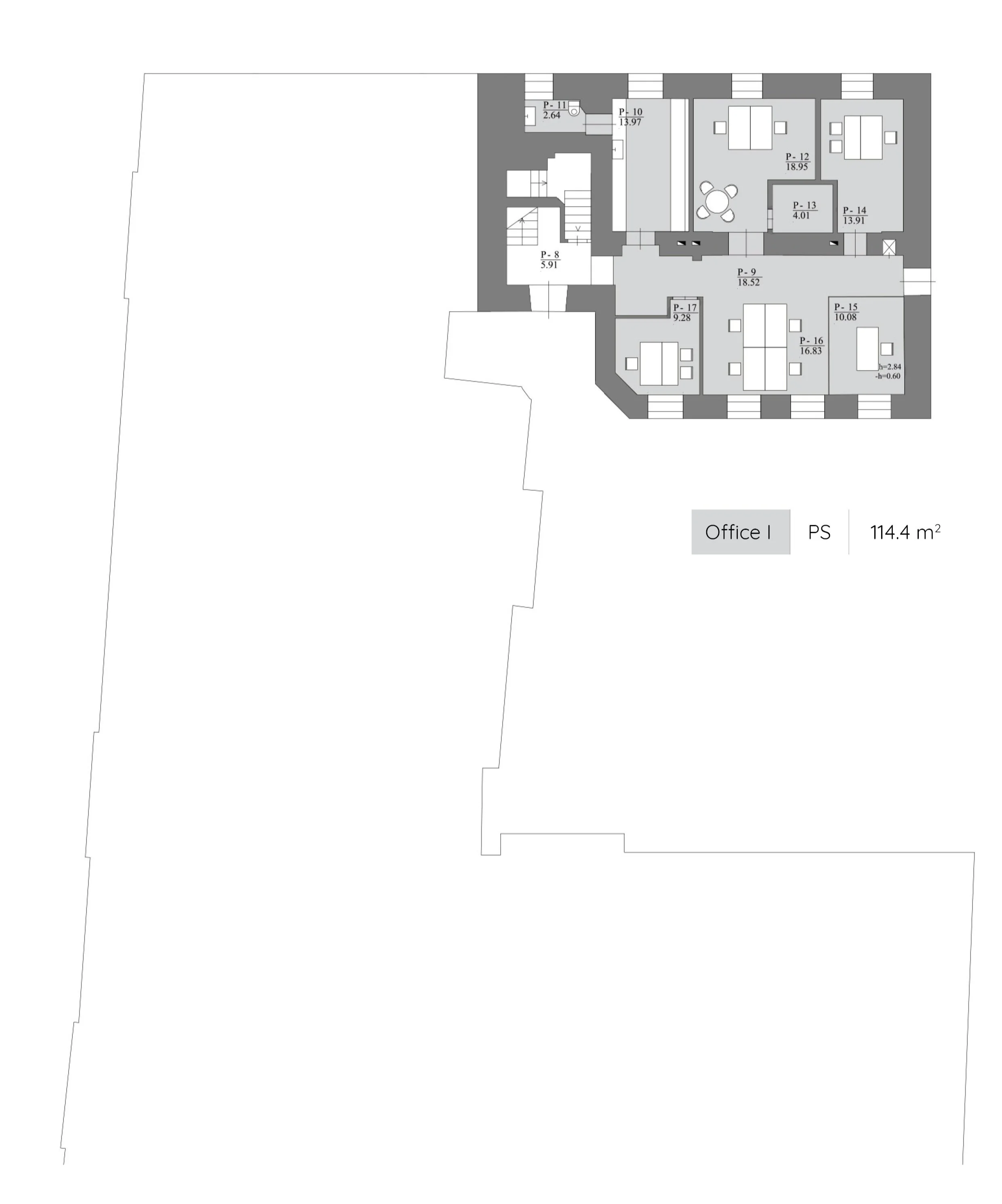 Biuro patalpų planas su pažymėtomis patalpomis ir matmenimis, vaizduojantis biurus, laiptus, įėjimą ir mažą biuro ikoną, bendras plotas – 114,4 kv. m.