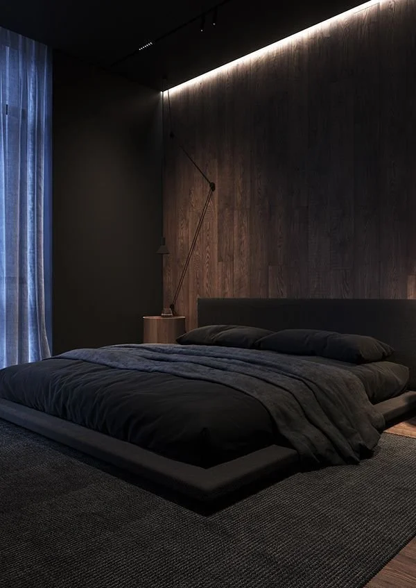 Modern bedroom with wood accent wall and circadian LED lighting — LIF8 Sleep Lab