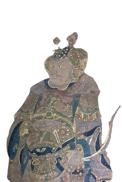 Ancient warrior figure dressed in ornate armor and clothing, holding a sword and shield, with elaborate headgear. Traditional Asian style.