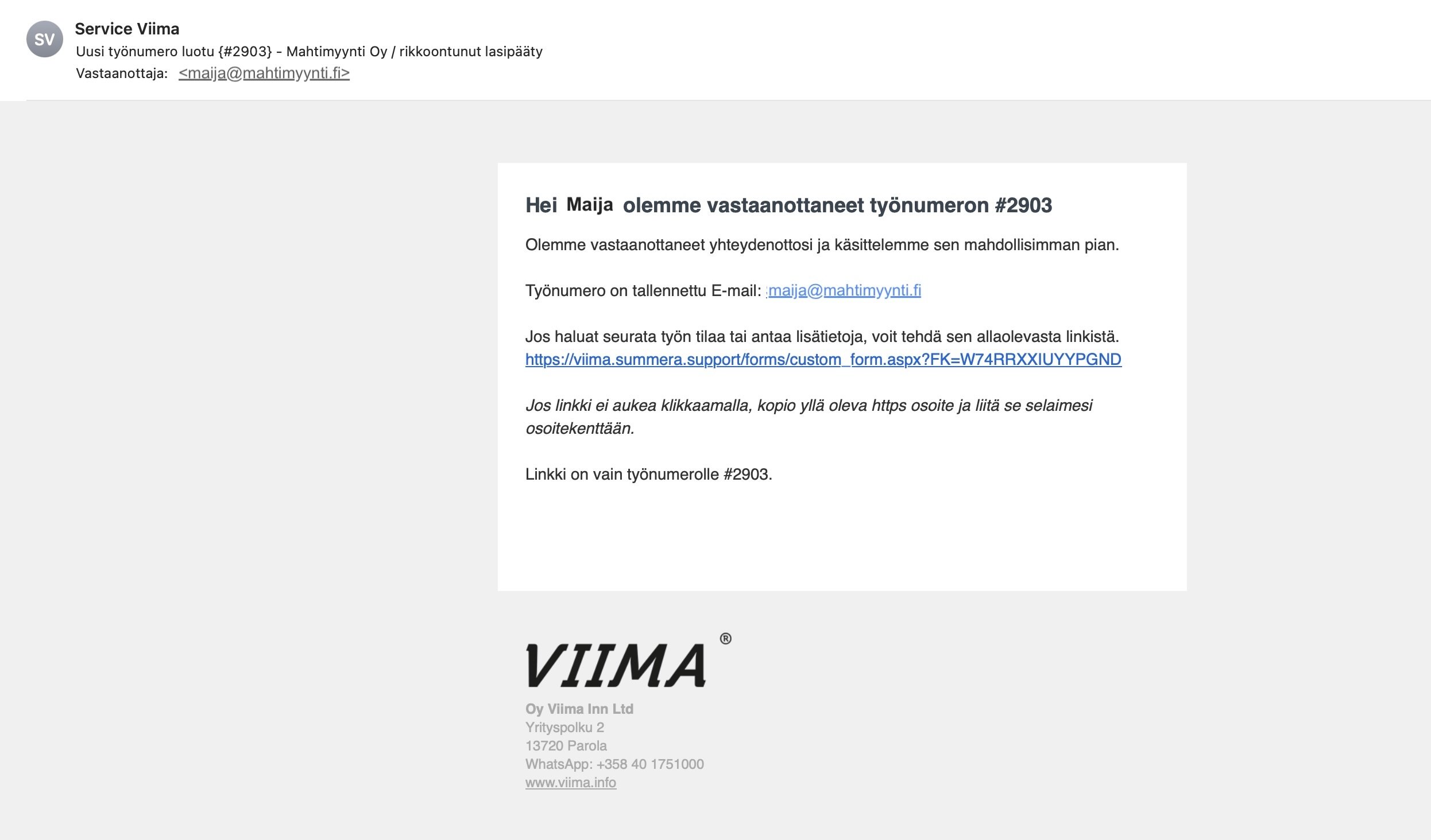 Viima huoltoticket viesti