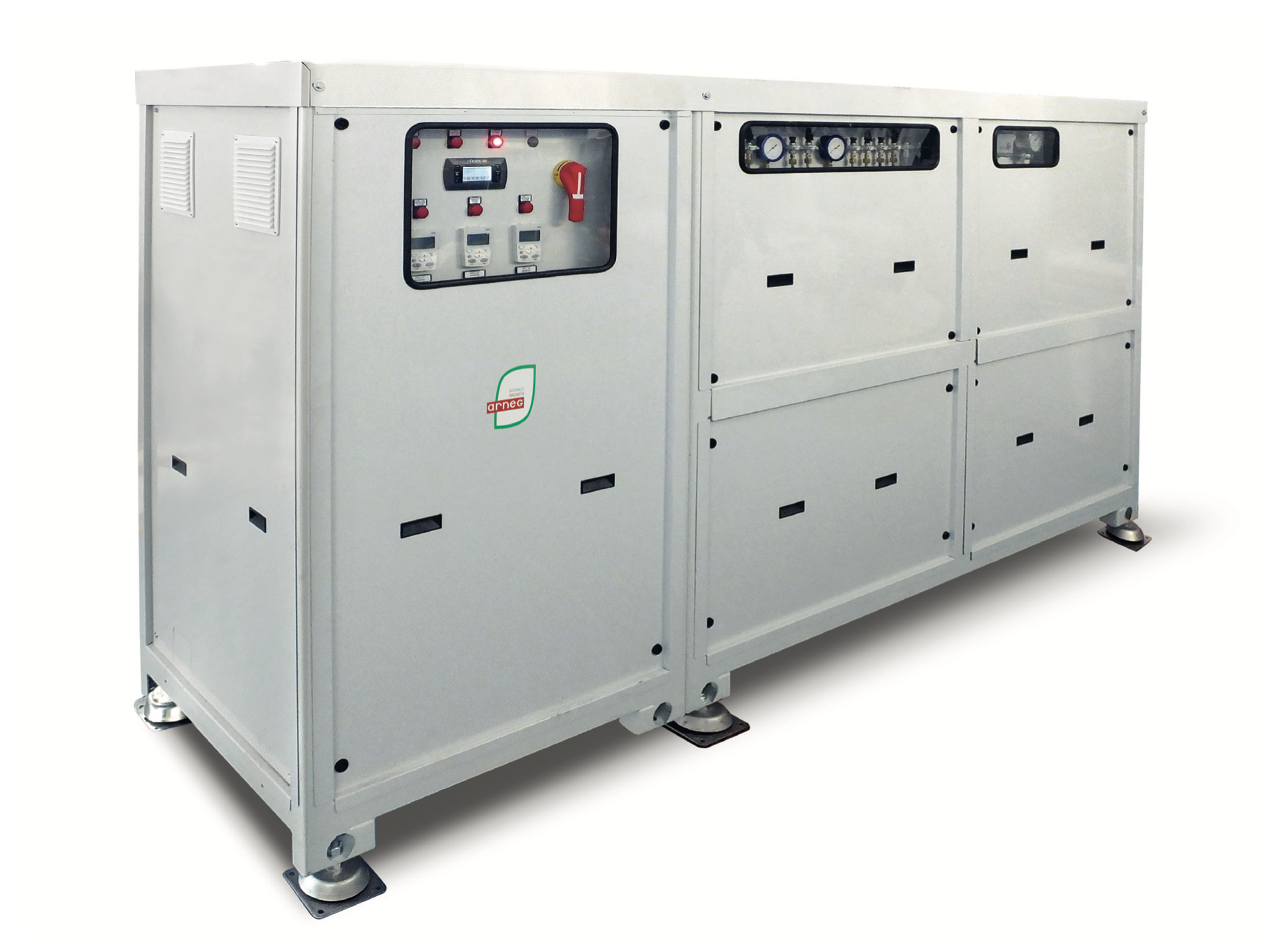 Sähkögeneraattori, valkoinen, useita painikkeita ja mittareita etuosassa, säädettävä jalusta.