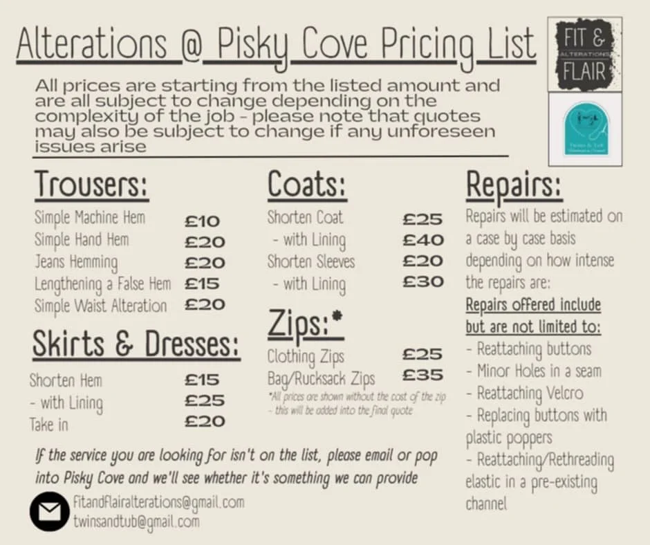 Exciting news! ⭐️
I am joining the crew at @pisky_cove as a seamstress doing alterations ❤️ 
It will be myself and the wonderful @fitandflairalterations (Jess) who I can already tell we are going to be great friends! 
Here's our price list - get in t