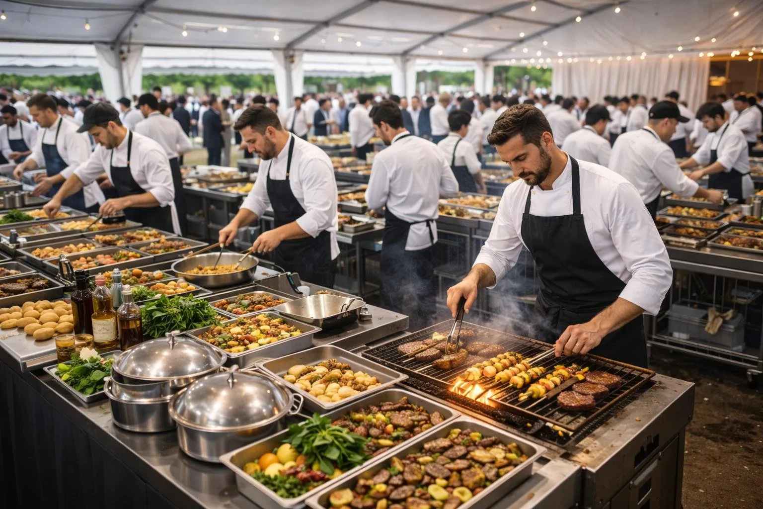 Chefs in white uniforms and black aprons preparing and grilling food at a catering event inside a large tent with string lights.