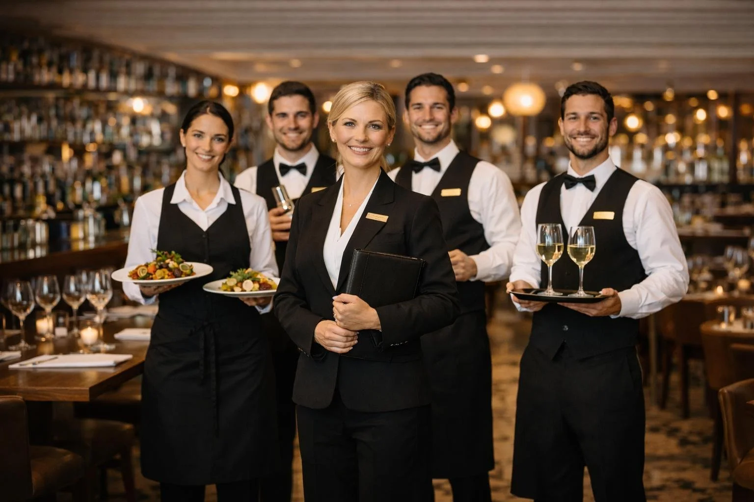 Group of five restaurant waitstaff in formal attire standing in a restaurant with wine glasses and plates of food, smiling at the camera.