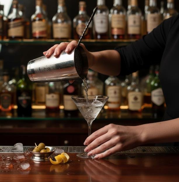 A bartender pouring a clear cocktail into a martini glass at a bar with liquor bottles in the background.