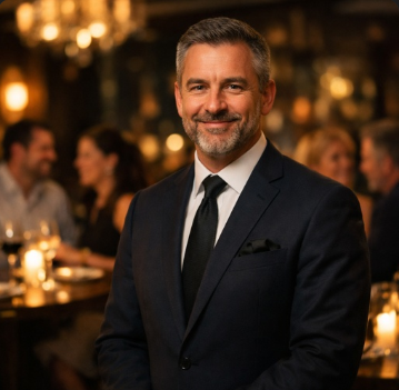 A man in a suit smiling at a social gathering with people and candles in the background.