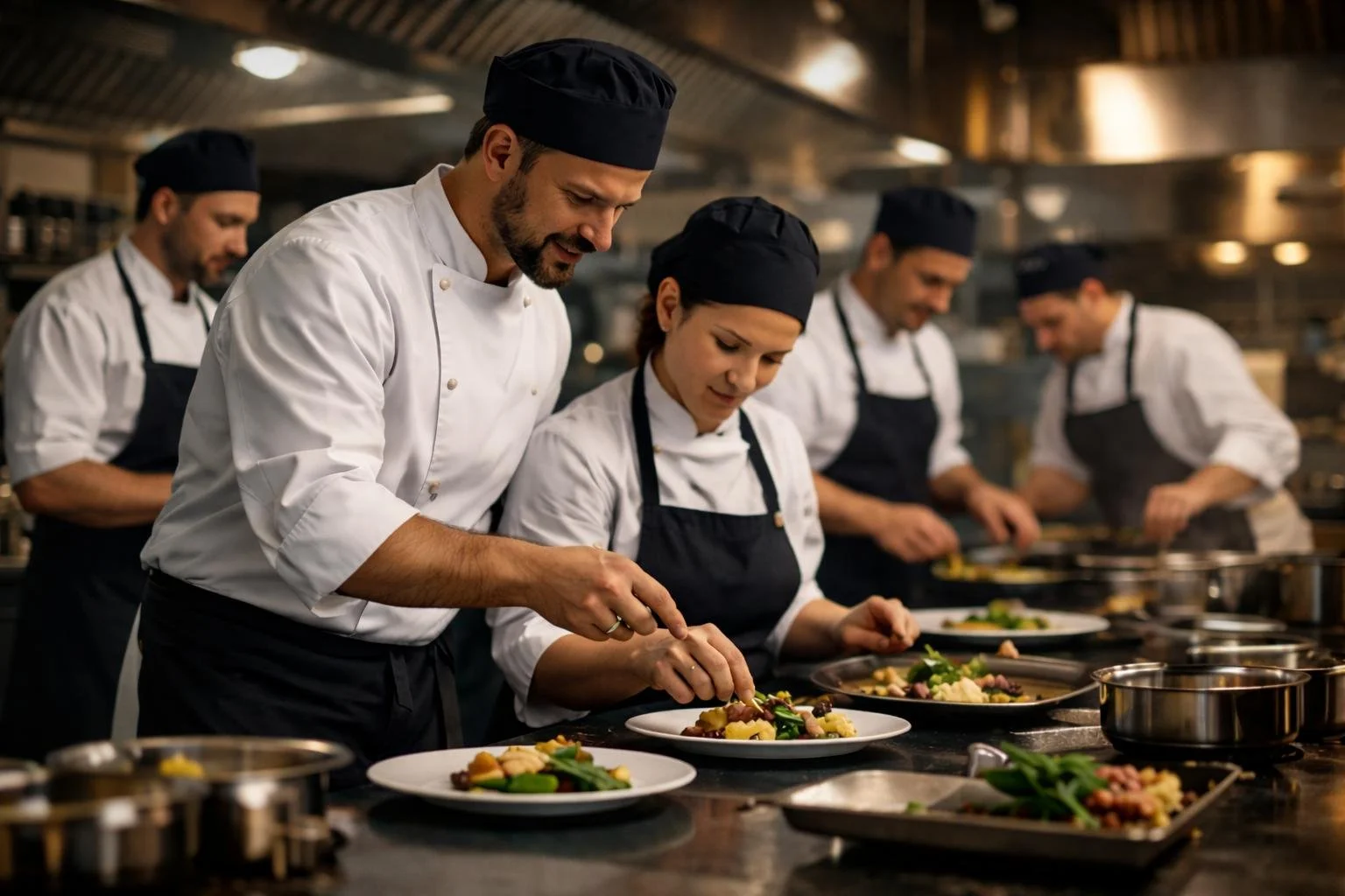 Chefs in a professional kitchen plating dishes.