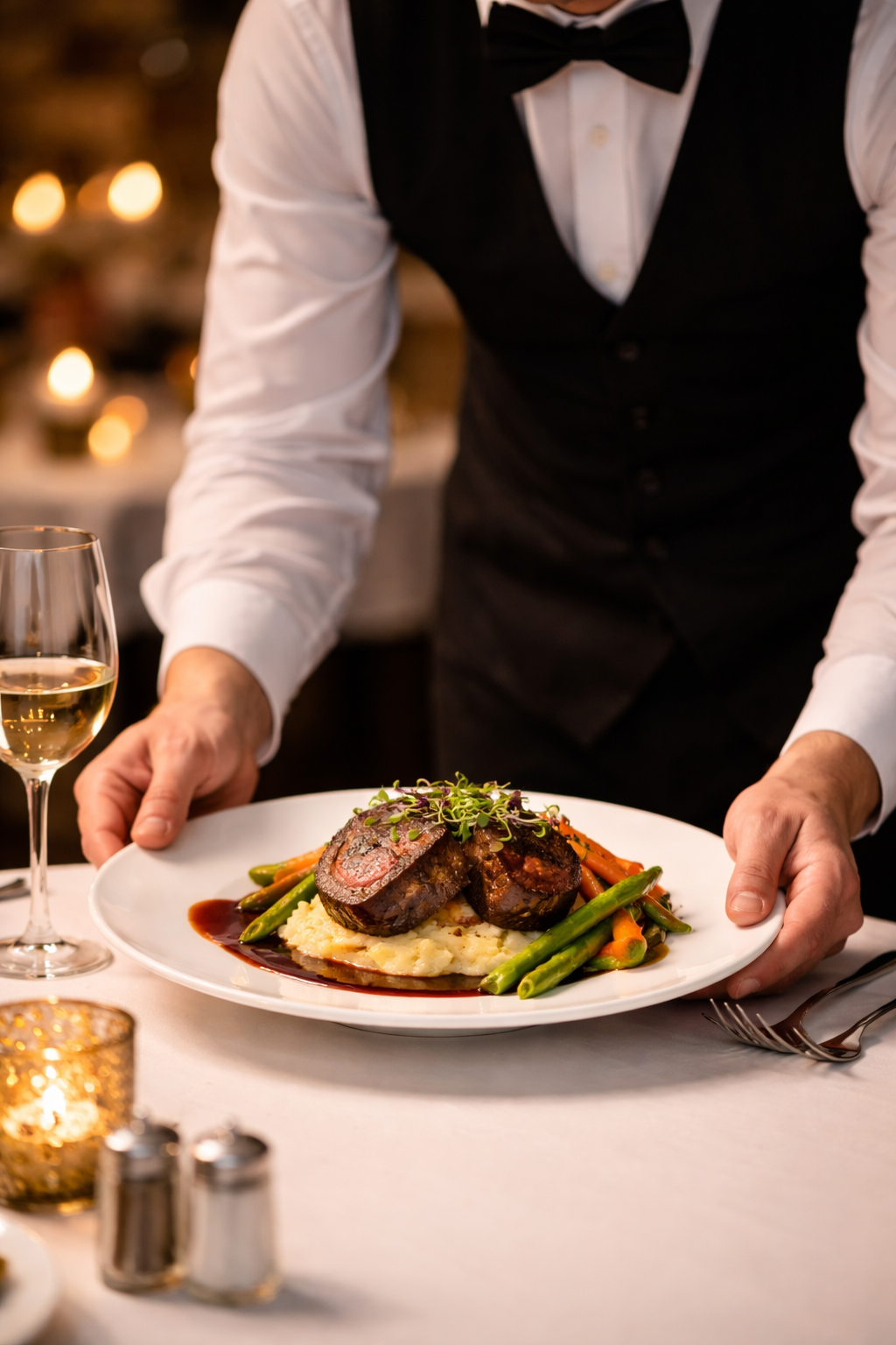 Waiter in tuxedo serving a plate of filet mignon with mashed potatoes and vegetables at an elegant dinner setting.