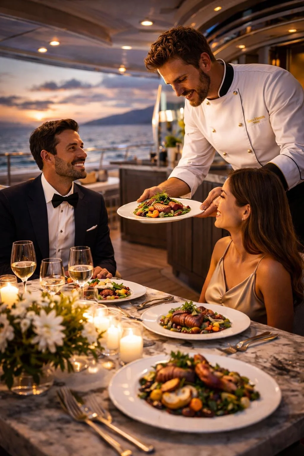 A waiter serving a plate of food to a woman at an outdoor dinner on a yacht at sunset.