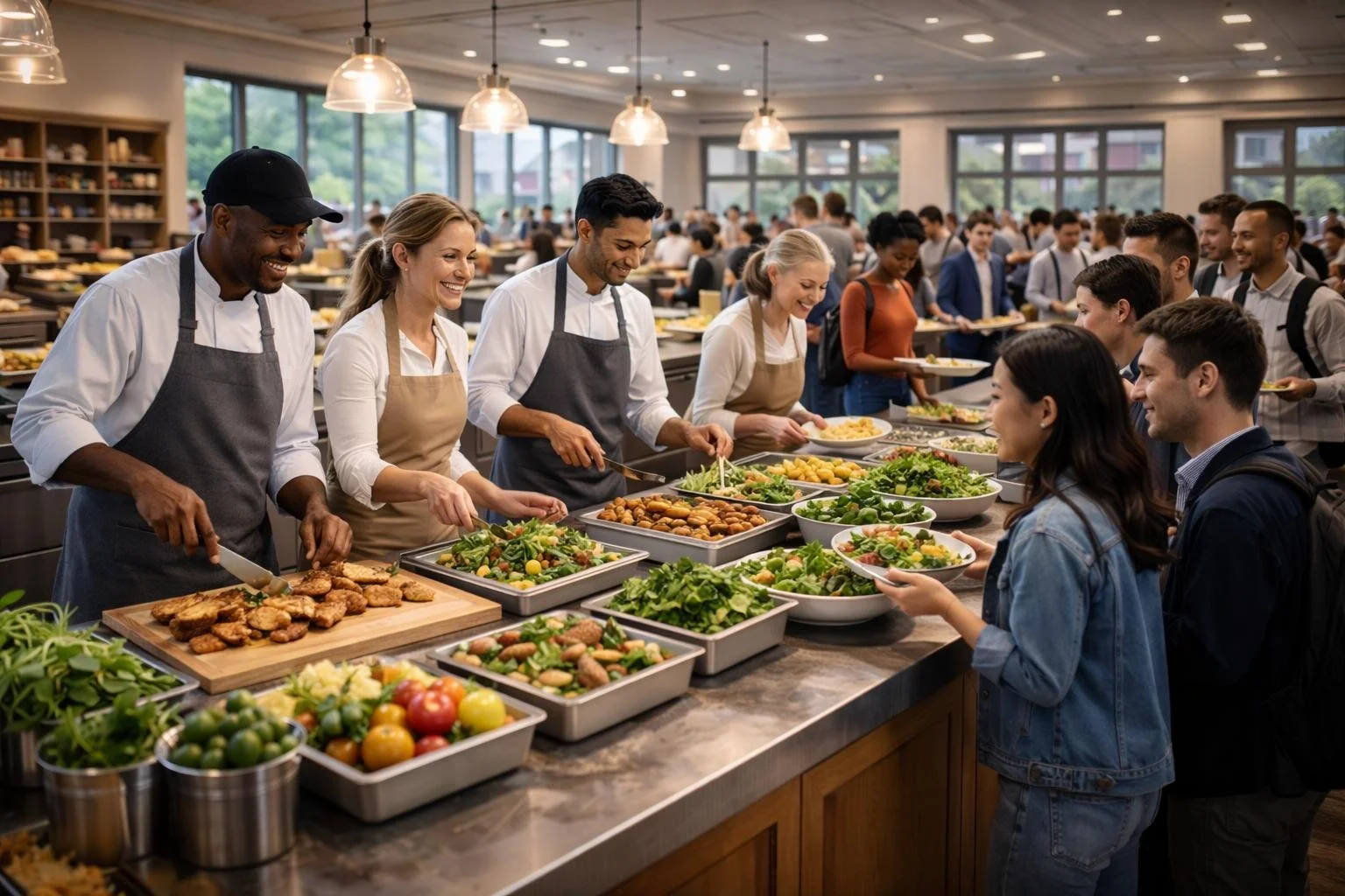 People serving themselves food at a buffet in a bright, spacious dining hall with large windows and hanging lights.