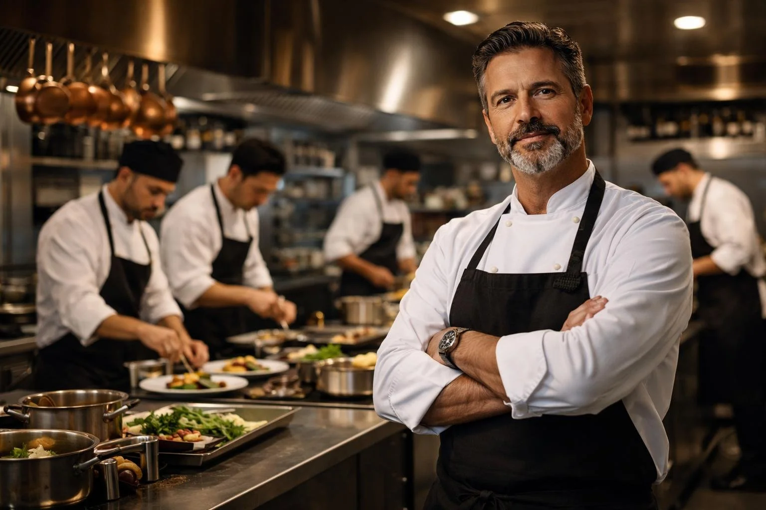 Professional chef standing confidently in a busy restaurant kitchen with his arms crossed, with sous chefs working in the background preparing dishes.