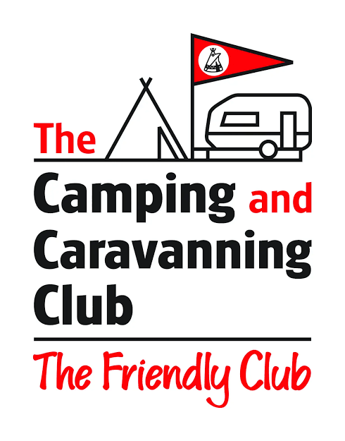 Logo for The Camping and Caravanning Club featuring a red and black text with a tent, trailer, and flag with a camping and caravaning theme.
