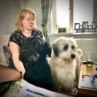 A woman sitting on a sofa with two large dogs, one black and one white, in a living room with natural light coming through windows.