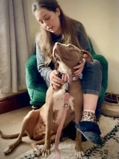 Girl sitting on a green chair hugging a brown dog in a room with beige curtains and a patterned rug.