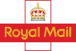 Royal Mail logo with a crown above the words 'Royal Mail' in yellow on a red background.