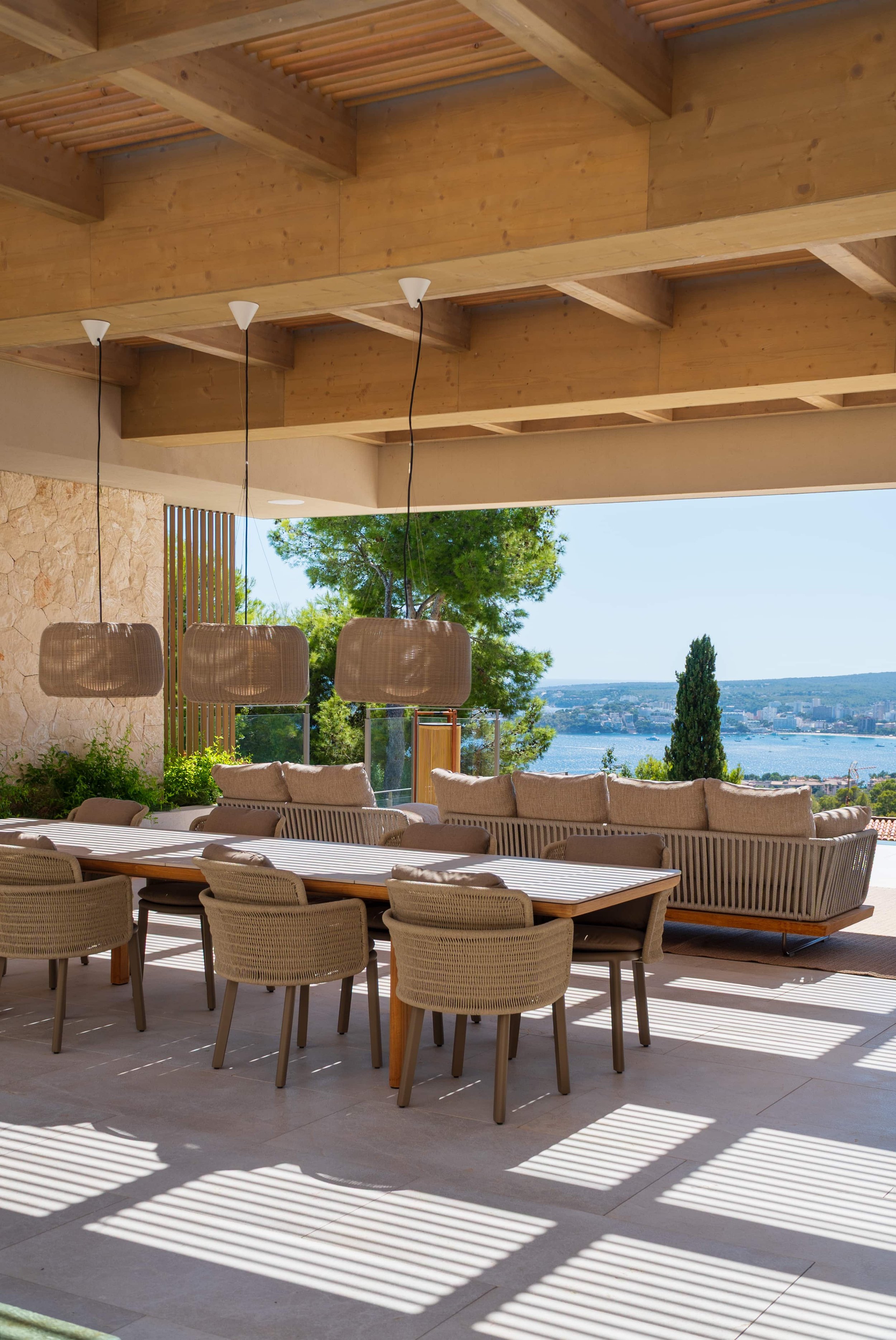 Covered outdoor kitchen and dining area with sea view, Villa Aura Mallorca