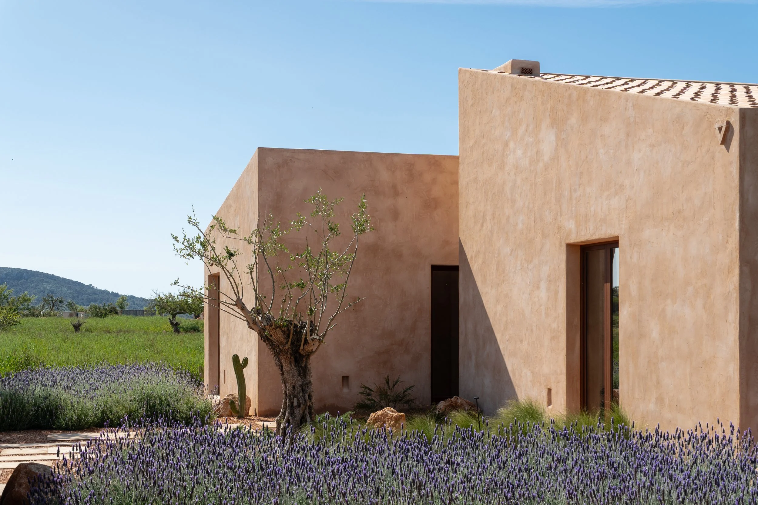 Outdoor terrace with dry-stone walls and native planting, contemporary Mallorcan finca by Munarq