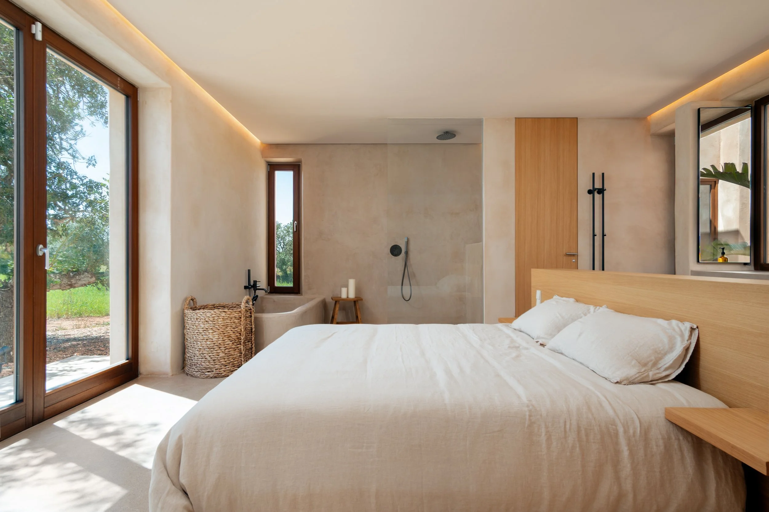 Iroko wood and lime mortar detail, sustainable finca architecture Mallorca — Vladimir Vladimirov