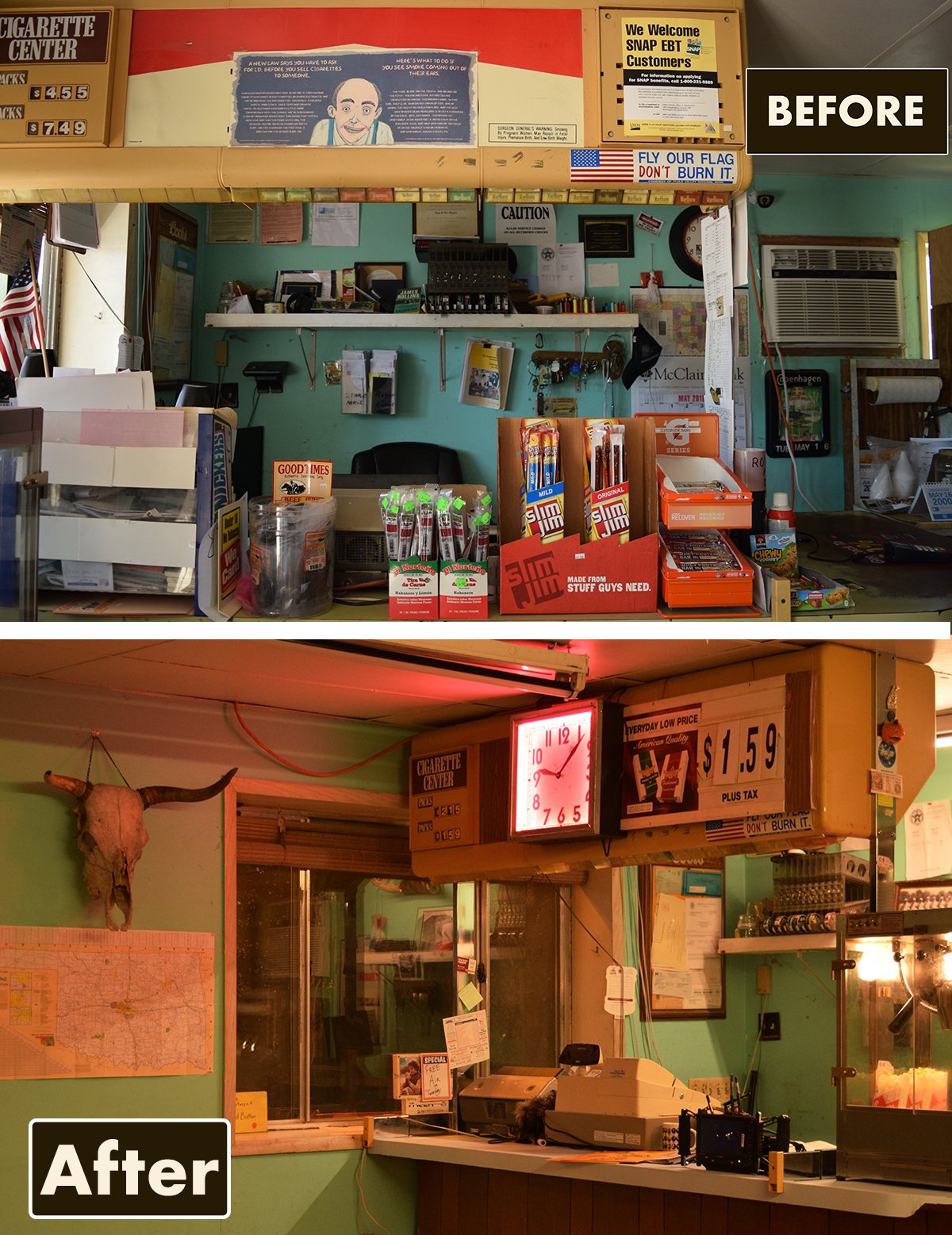 Comparison of a convenience store counter before and after renovation in 'The Innocent Man' by Lauren Marina of Tuzy Tuzy.