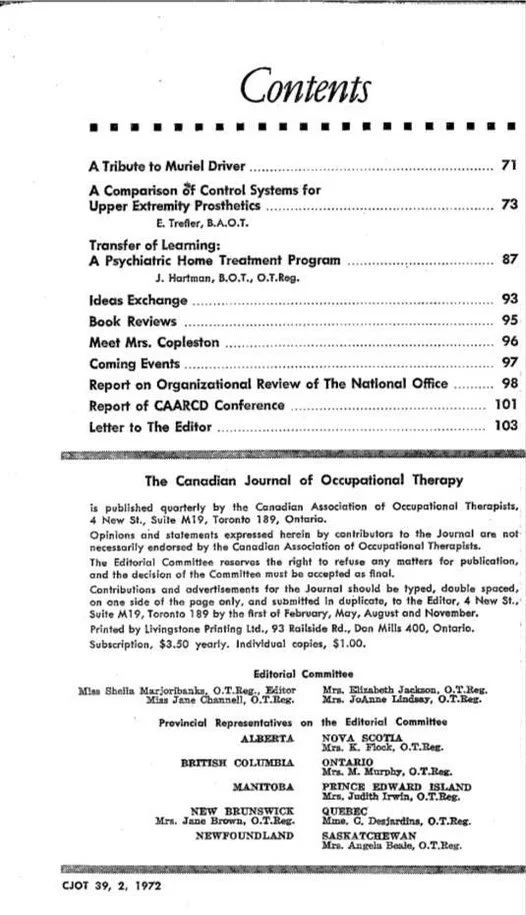 Table of contents from the Canadian Journal of Occupational Therapy, 1972. CJOT has been a cornerstone of occupational therapy scholarship and professional knowledge-sharing in Canada since 1933.