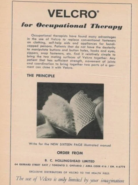 Advertisement from the Canadian Journal of Occupational Therapy, 1966. Velcro became a widely used adaptive tool in occupational therapy practice.