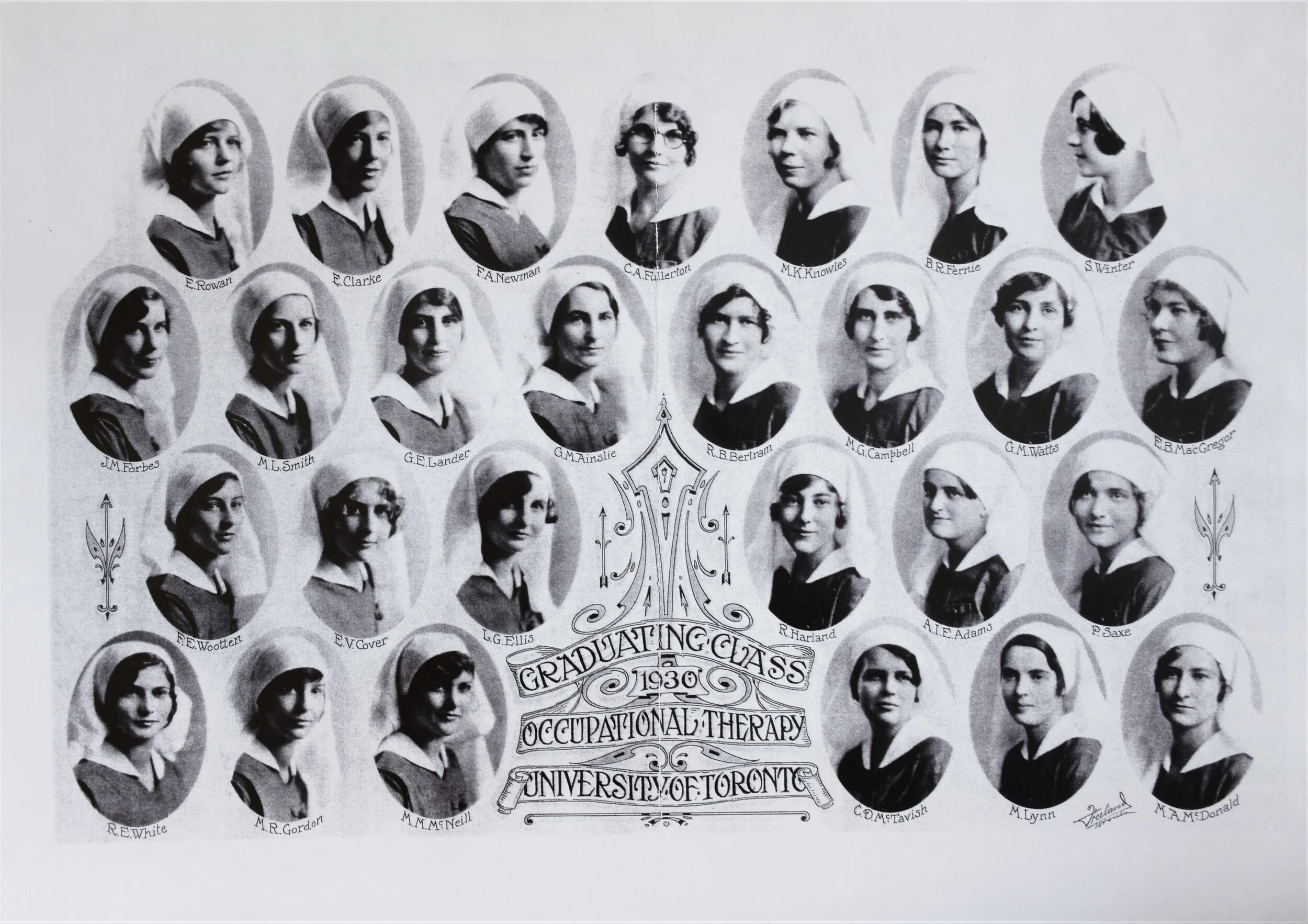 The graduating OT class of 1930 included Rita Harland who taught Anatomy to OT students and Mabel McNeill MacRae who helped establish the OT department at the Astley Ainslie Hospital in Edinburgh, Scotland.  