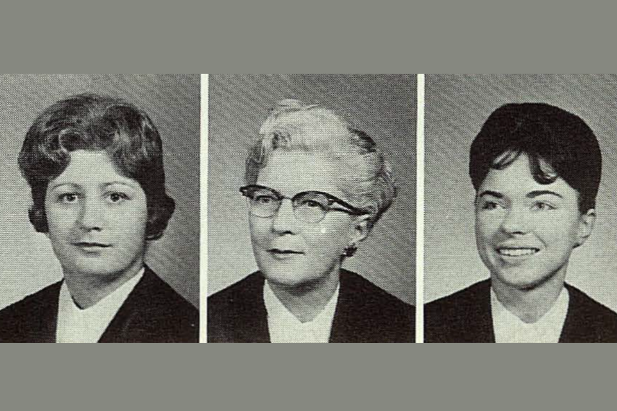 Uof Manitoba 1962 first graduates: From L to R, Rita Brooks, Mary Pflueger, Sharon Wood.