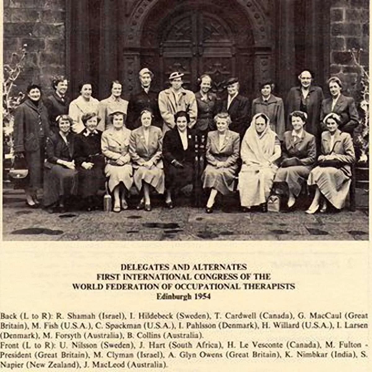CAOT member and U of T Director Helen LeVesconte seated third from the left at this 1954 WFOT Congress  in Edinburgh.