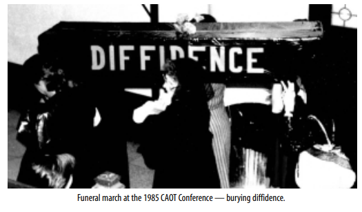 Mock funeral of the "Diffident Profession" at the 1985 CAOT conference, in response to the 1977 Maxwell Report that called on OTs to  become more assertive and to claim their important role in health and rehabilitation.  