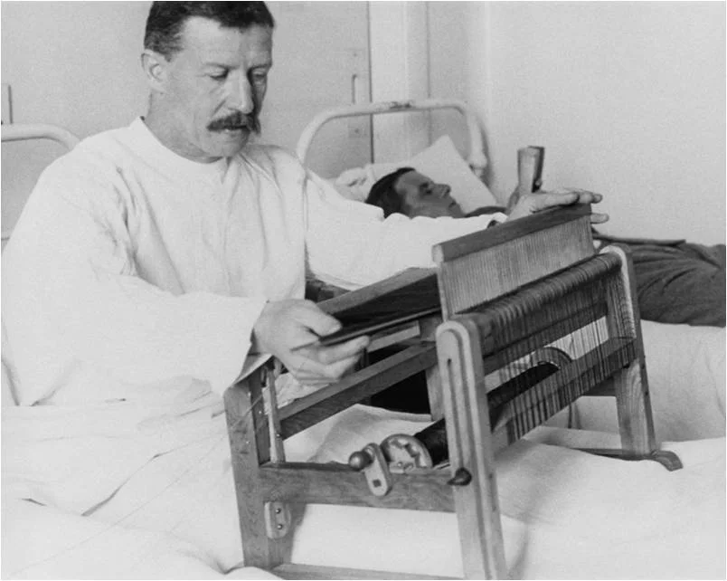 Convalescing soldier using a specially designed "bed loom."