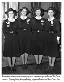 OTs stationed at the British War Office during WWII. From left to right: Dorothy Grant, Amy De Brisay, Josephine Forks, Mary Clarke Ray