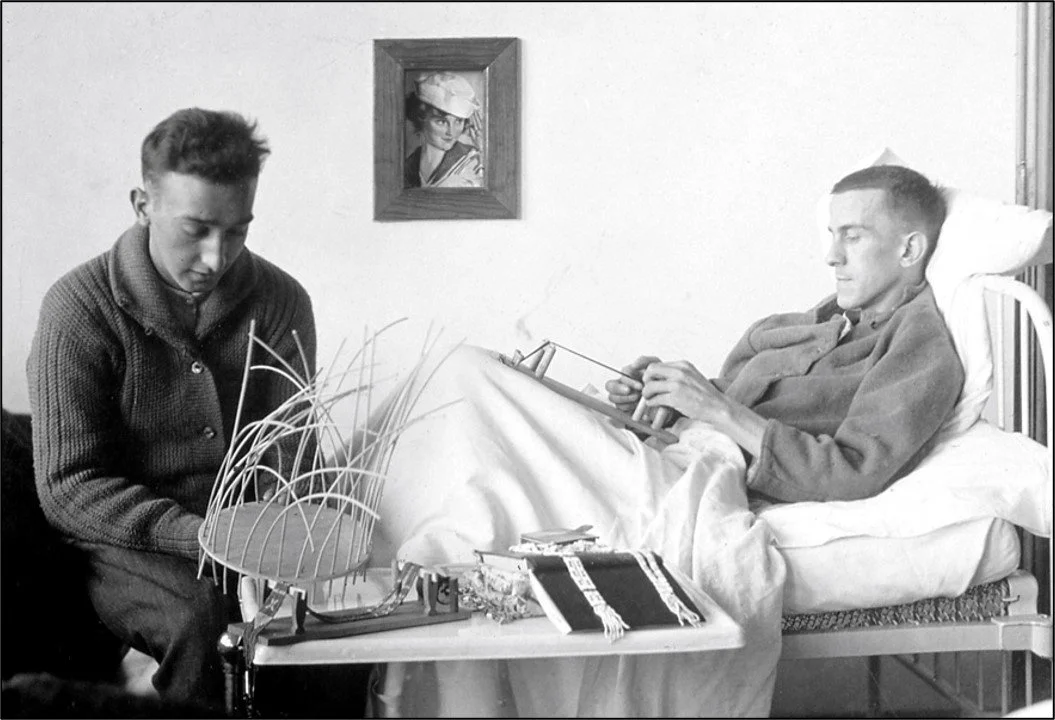 Clients engage in weaving as occupational therapy, 1920s. Craft-based activities were central to early occupational therapy practice, reflecting the profession's founding belief in the healing power of meaningful occupation.