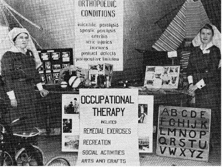 Occupational therapists demonstrating treatment approaches to various orthopaedic  and neurological conditions at the Canadian National Exhibition in the 1930s (exact date unknown).