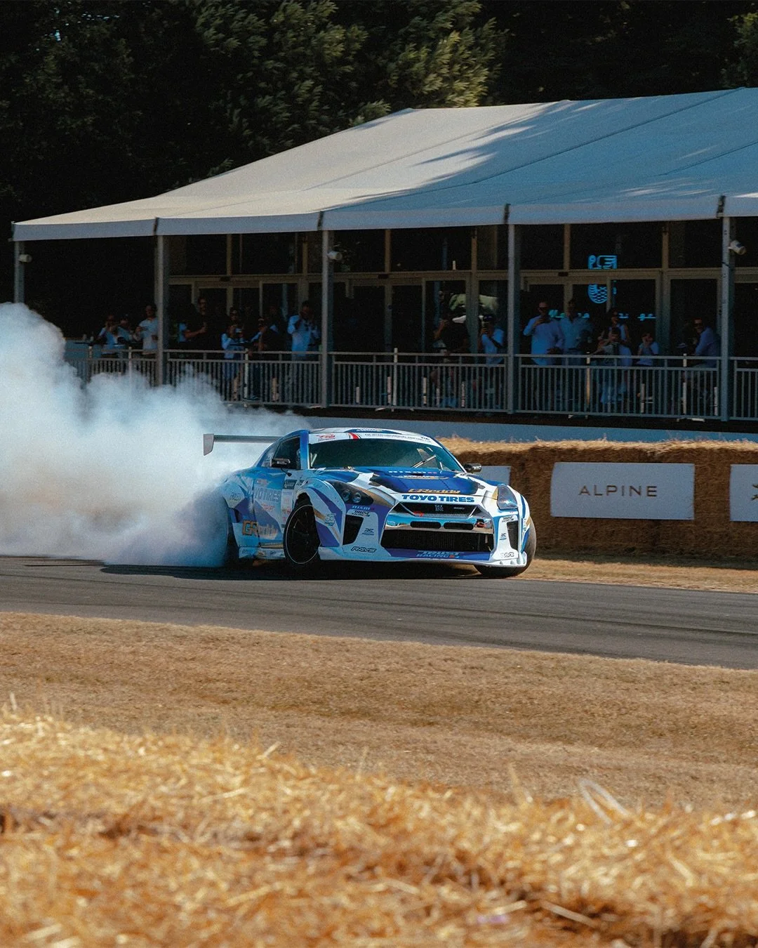 A collection of smoke show machines at Festival of Speed!

Examples include a Volvo estate that has a 20B 3- rotor engine that produces 1000bhp and is kevlar bodied. The 670bhp Brataroo with active aero. A twin turbo VR38DETT V6 (from the GTR) powere