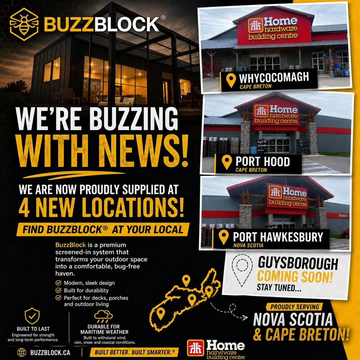 🚨 BIG NEWS FOR NOVA SCOTIA &amp; CAPE BRETON! 🚨

BuzzBlock is continuing to grow across the Maritimes and we&rsquo;re proud to announce NEW Home Hardware supplier locations in:

📍 Whycocomagh
📍 Port Hood
📍 Port Hawkesbury
📍 Guysborough &ndash; 