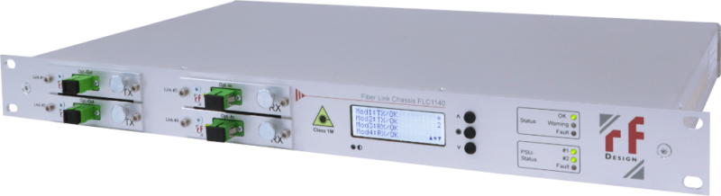 Fiber optic network switch with multiple ports and status indicators.