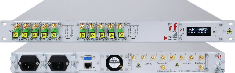 Rack-mounted RF equipment with multiple connectors, LED indicators, and power ports.