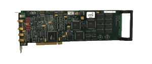 Computer sound card with various ports and electronic components.