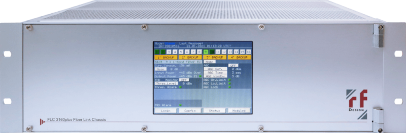 Fiber optic communication equipment with a touchscreen display on the front panel