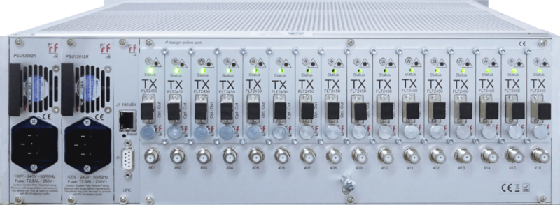 Rack-mounted telecommunications equipment with multiple TX units, power supplies on the left, and various indicators and ports.
